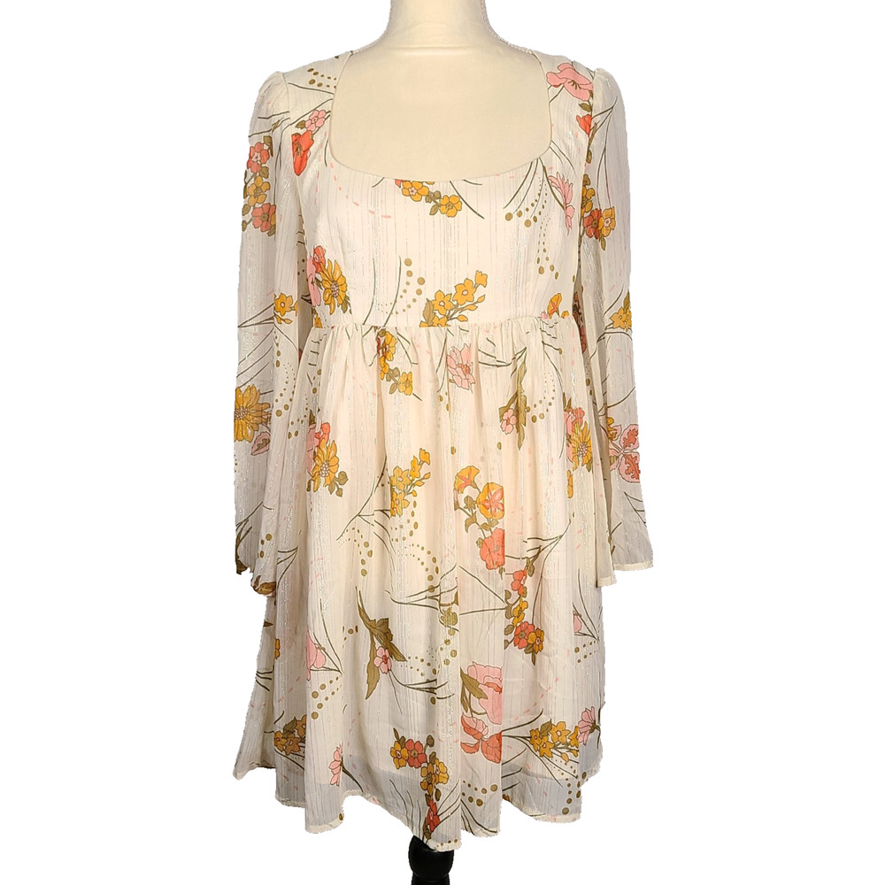 MODCLOTH Sweet Sixties Baby Doll Dress Medium Cream Floral Short Flowy Sheer EUC